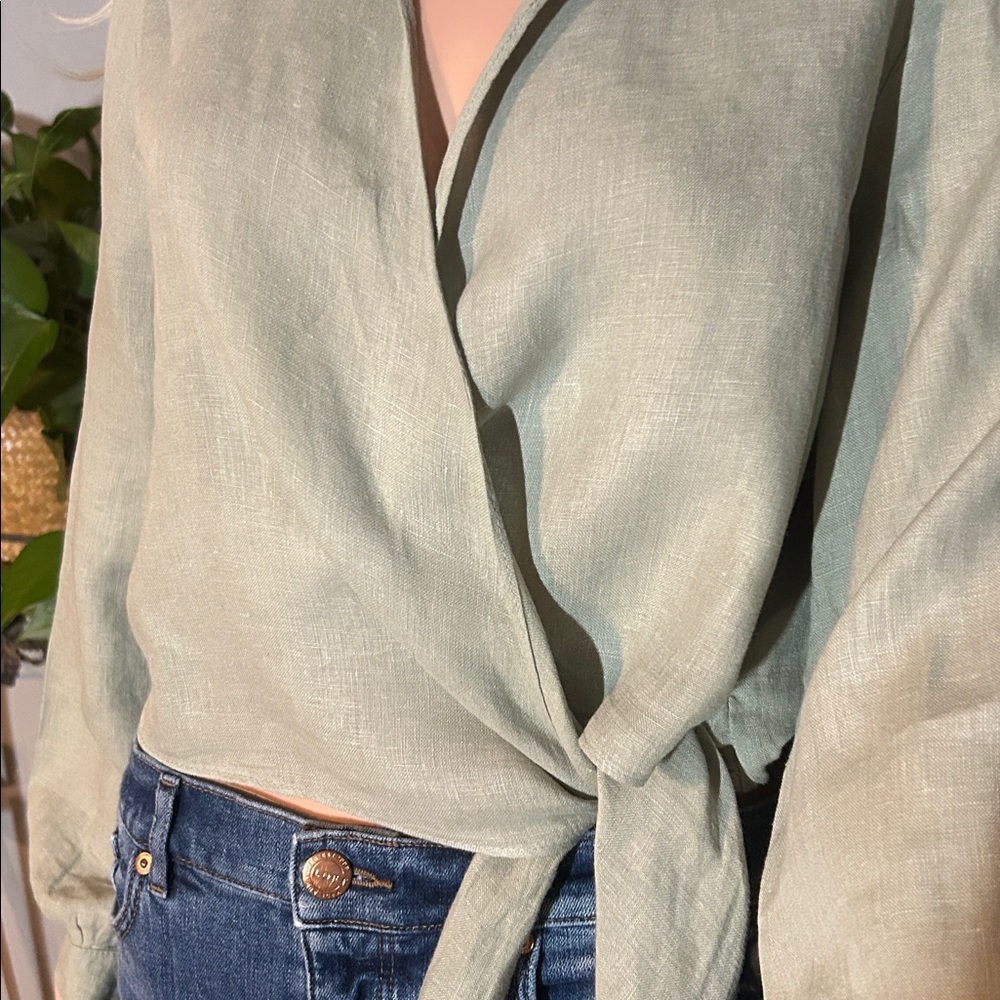 NWT ZARA LINEN SIDE TIE BLOUSE L - Picture 4 of 14